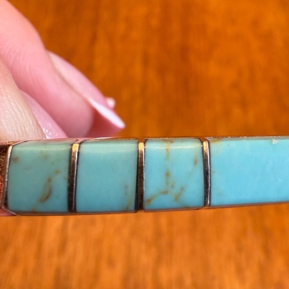 Blue Turquoise Southwestern Navajo Sterling Silver Inlay Bracelet - Picture 6 of 17